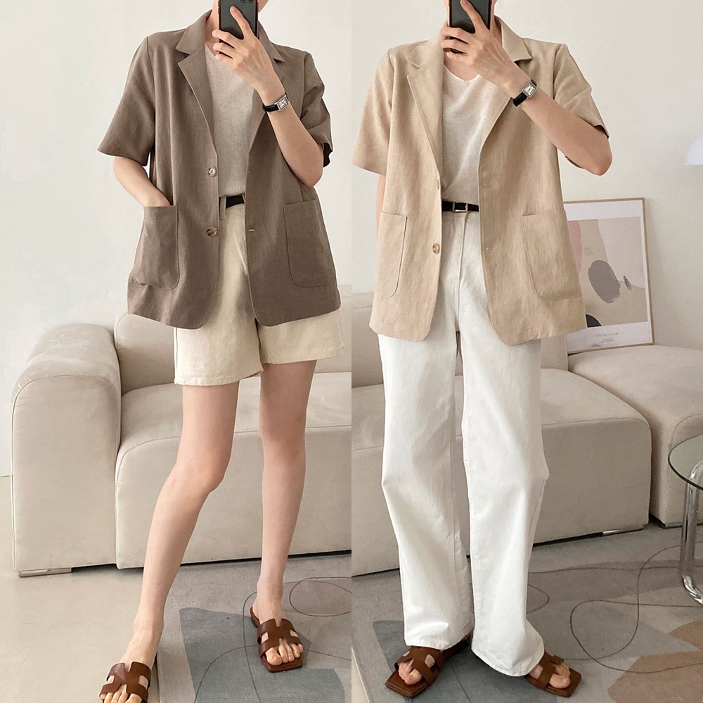 린넨 테일러드 카라 정장 여성 여름 반팔 자켓 아우터 - 상품 이미지