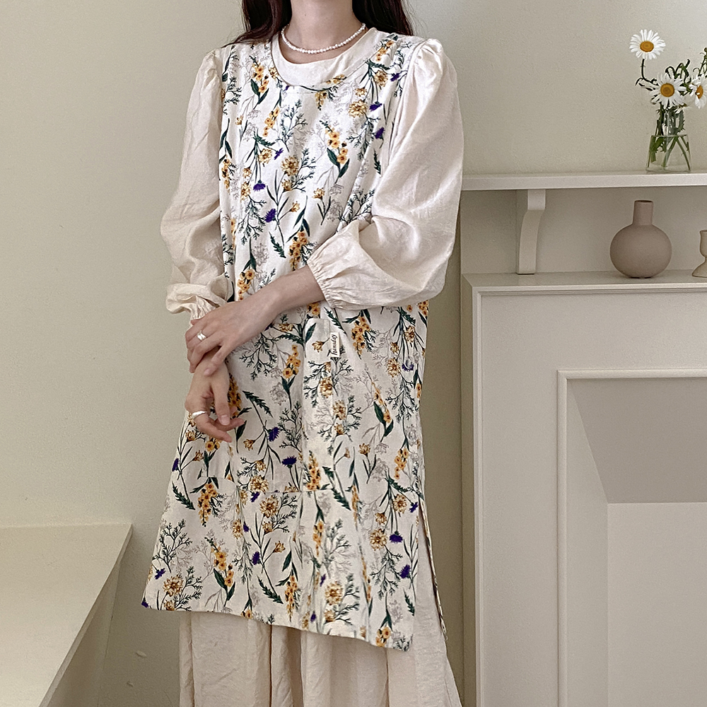 한스데이 플라워 단추형 트임 어린이집 유치원 원피스 자체제작 앞치마 노란꽃