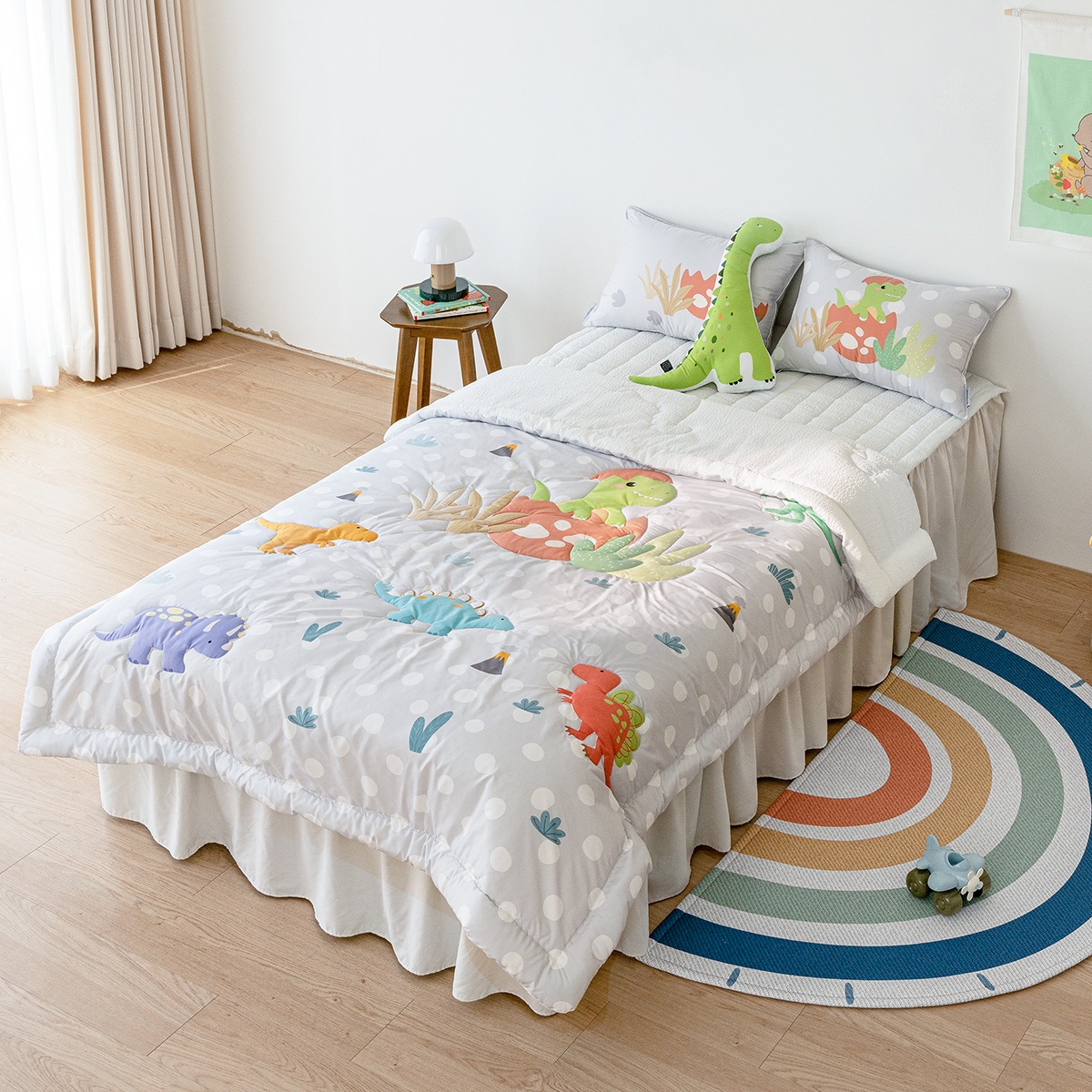 키즈 시어서커 쿨 냉감 에어컨 손자수 차렵 여름이불 베개세트 디노파크 (공룡), S.SS(싱글.슈퍼싱글겸용)