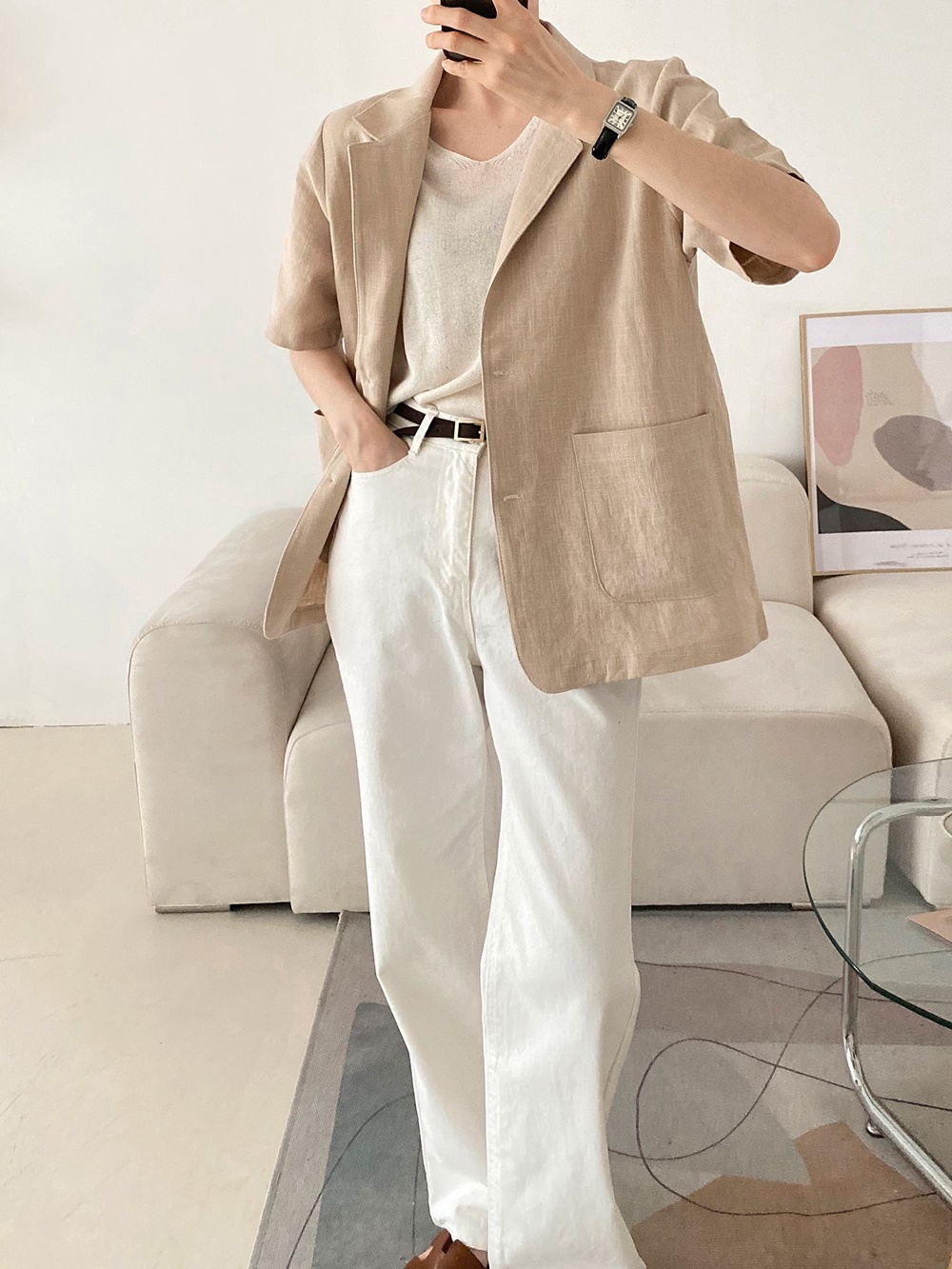 린넨 테일러드 카라 정장 여성 여름 반팔 자켓 아우터 이미지 8
