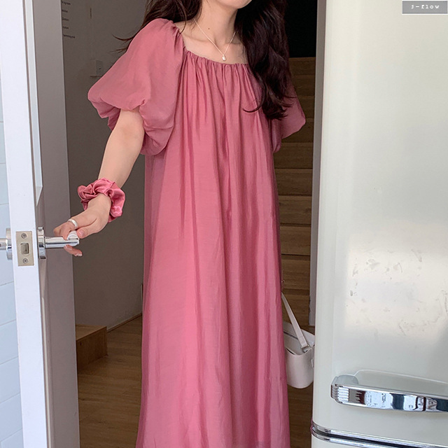 펄스 밴딩넥 볼륨 퍼프 쉬폰 롱원피스 4col 여름 봄 루즈핏 맥시 허리끈 제이플로우 이미지 7