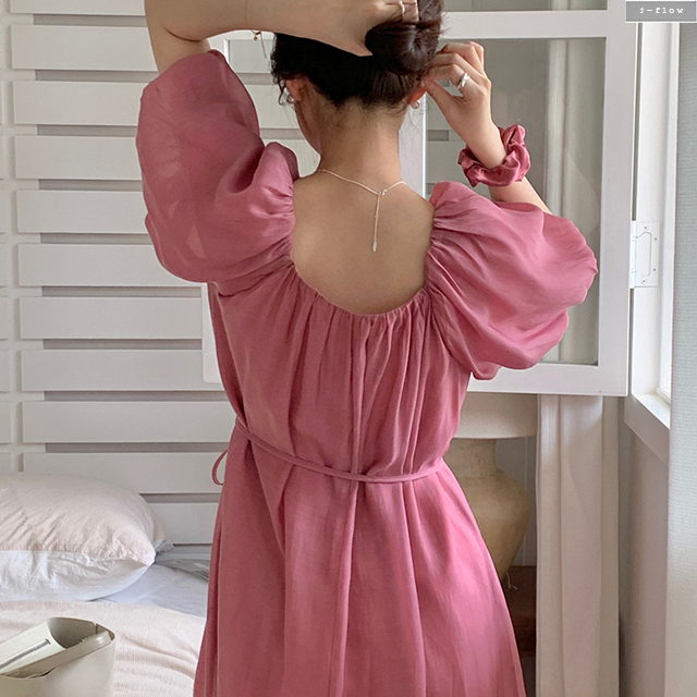 펄스 밴딩넥 볼륨 퍼프 쉬폰 롱원피스 4col 여름 봄 루즈핏 맥시 허리끈 제이플로우 - 상세 이미지 3