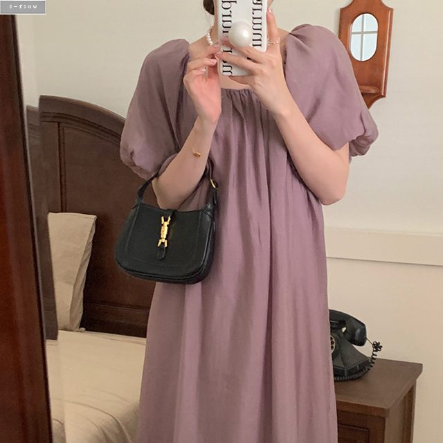 펄스 밴딩넥 볼륨 퍼프 쉬폰 롱원피스 4col 여름 봄 루즈핏 맥시 허리끈 제이플로우 이미지 6