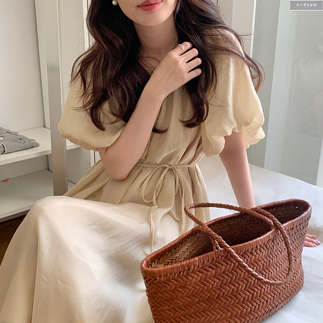 펄스 밴딩넥 볼륨 퍼프 쉬폰 롱원피스 4col 여름 봄 루즈핏 맥시 허리끈 제이플로우 - 상세 이미지 5