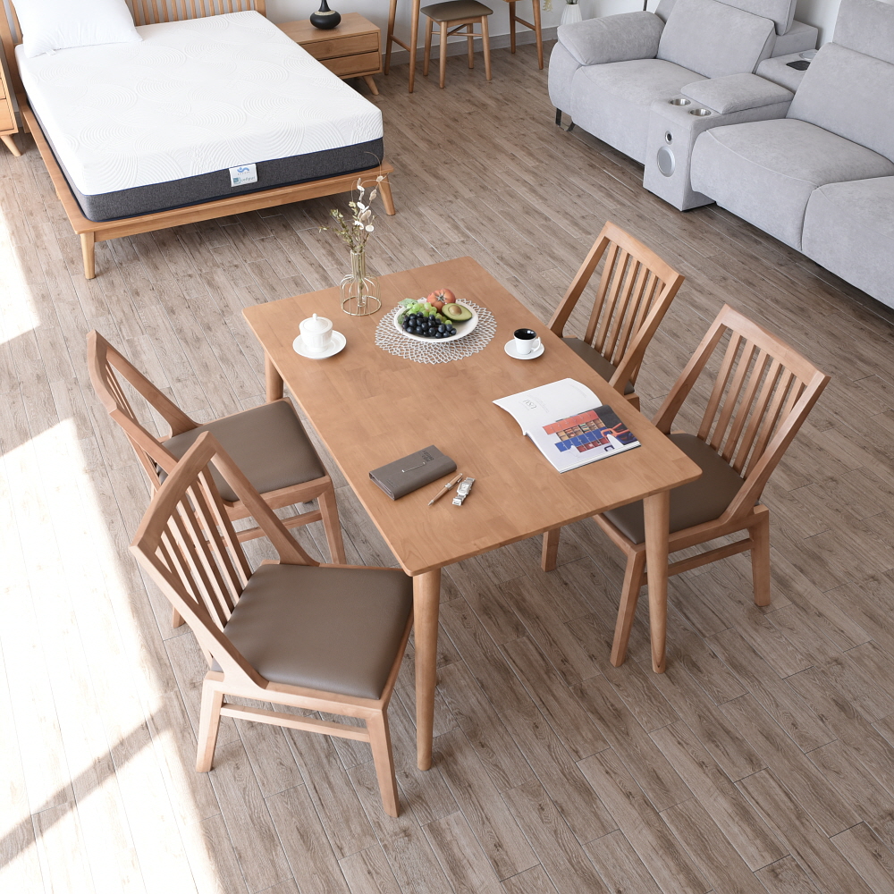 이즈네이처 라벤더프리지 원목 4인용식탁 세트 식탁+의자4, 1300mm, 라이트브라운