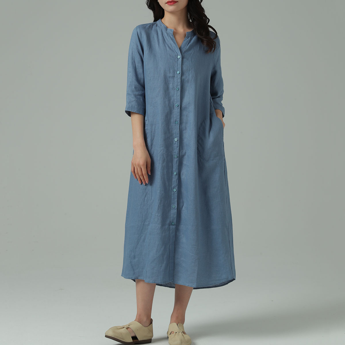 하마마스 린넨 롱셔츠원피스 브이넥 7부소매 미시의류