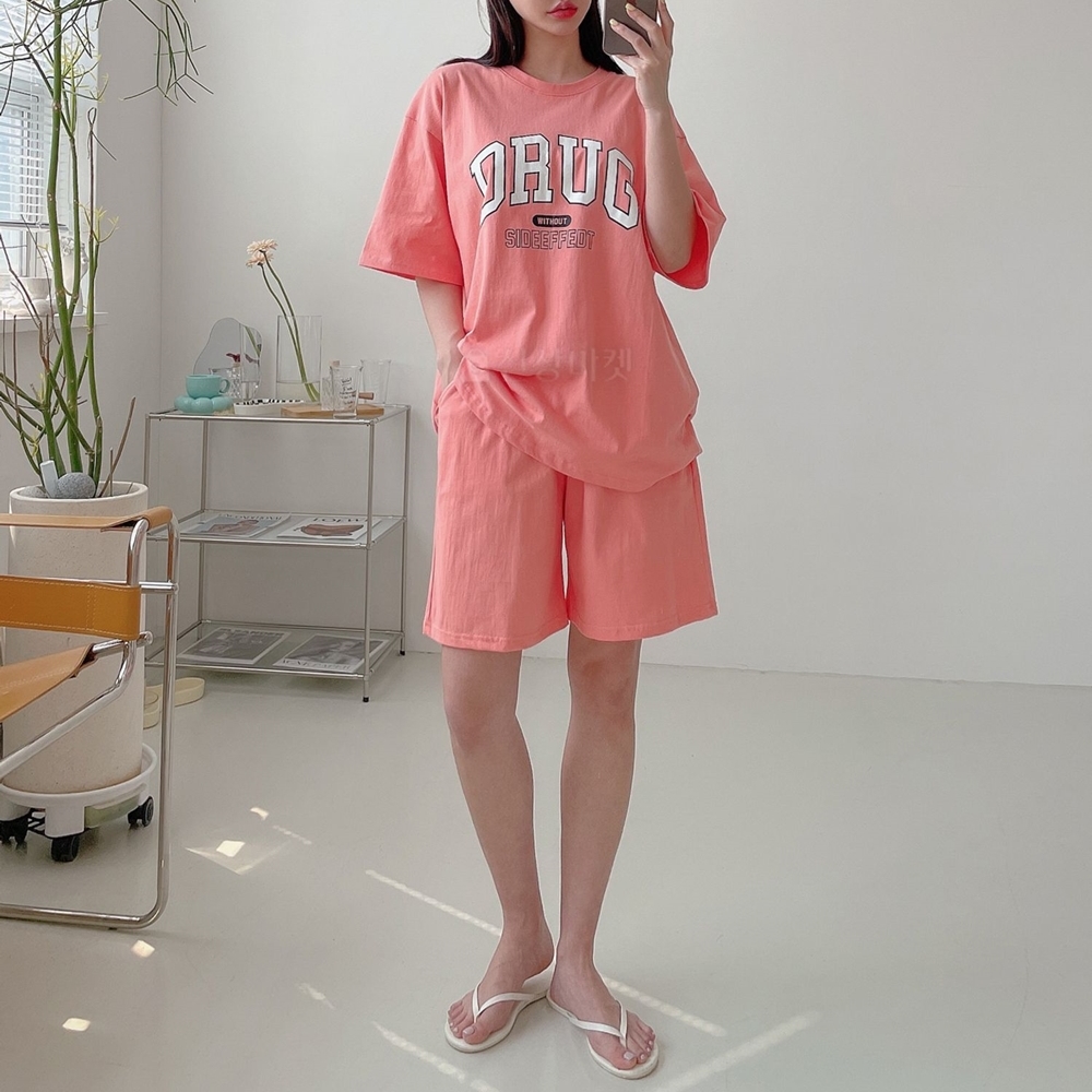 여름 로고 레터링 오버핏 반팔 티셔츠 밴딩 5부 반바지 면 데일리 트레이닝 홈웨어 세트 - 상품 이미지