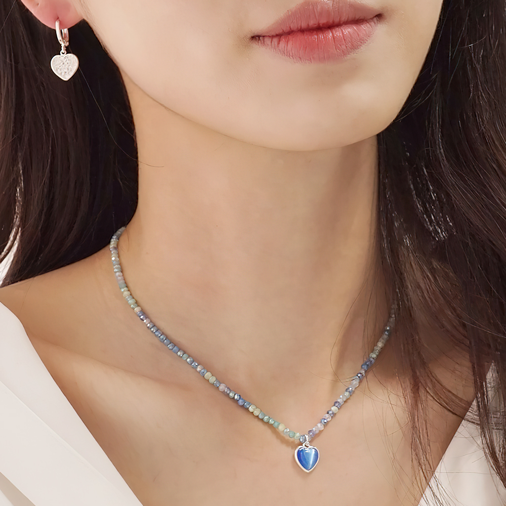 캣츠아이 하트 핸드메이드 원석 비즈 목걸이 - 상세 이미지 3