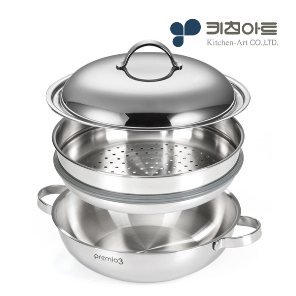 키친아트 스텐304 인덕션 찜기 찜솥 전골 통3중 찜냄비 26cm - 상품 이미지