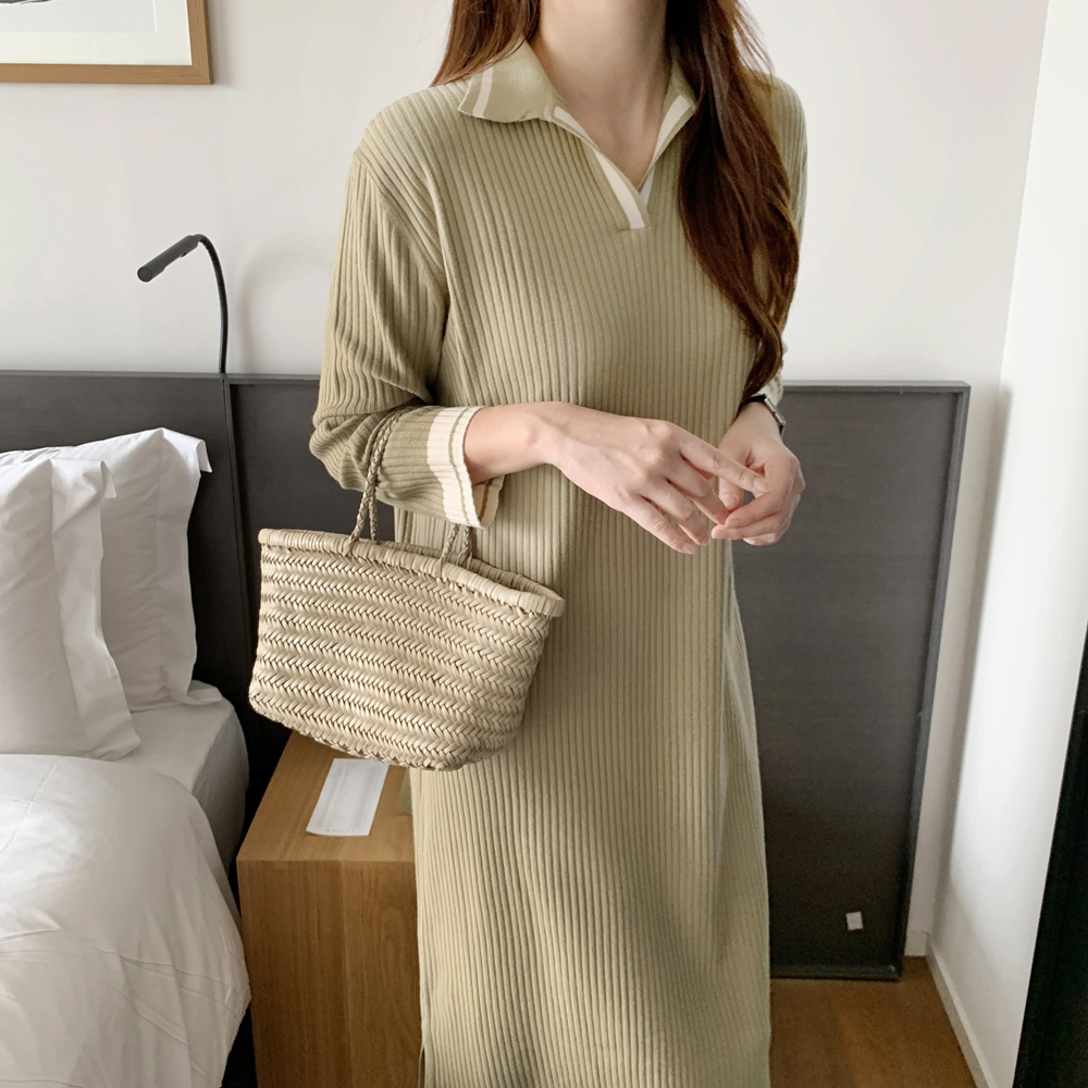 루즈핏 배색 카라 원피스 골지 니트 롱 원피스 H라인 여자 가을 원피스 베이지 블랙