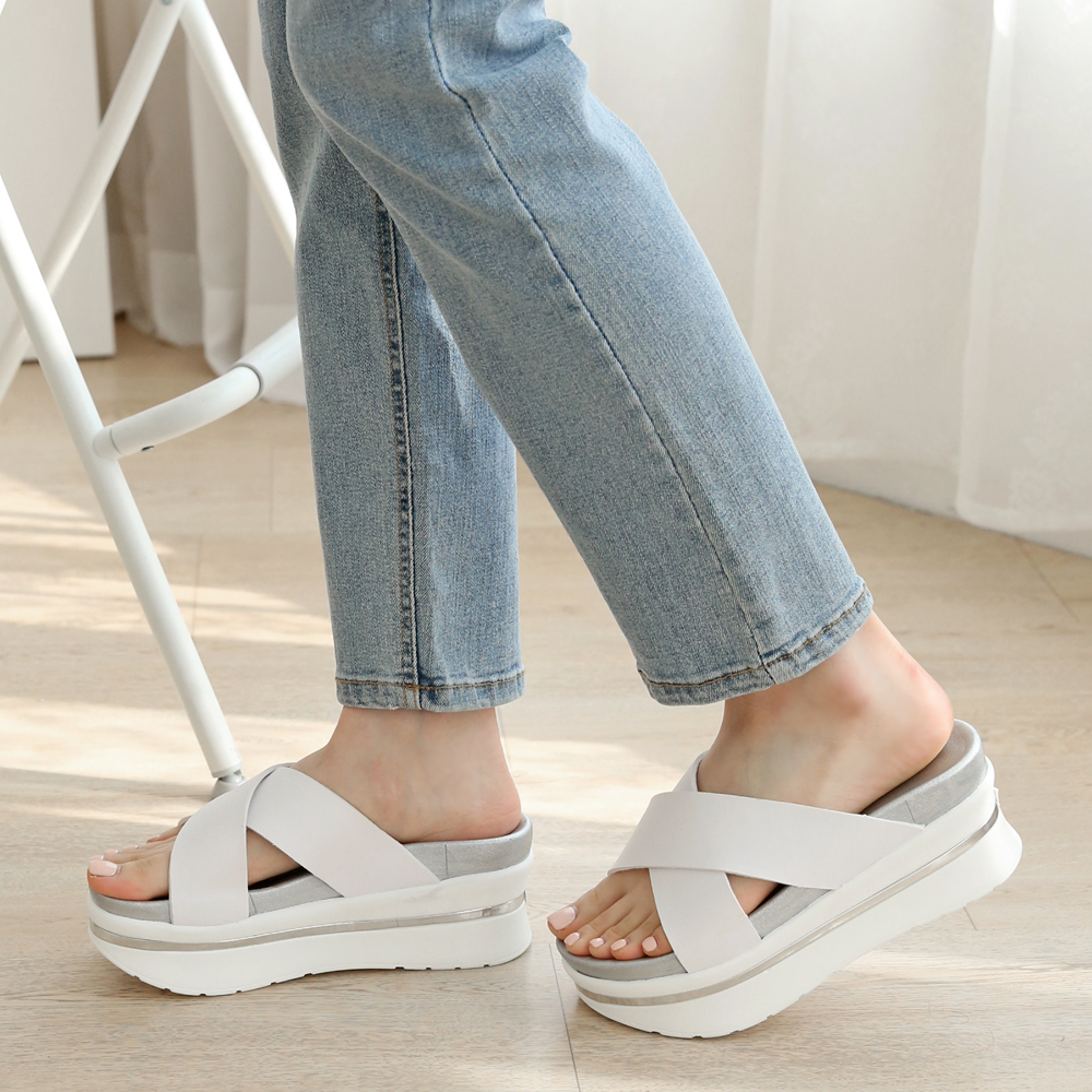 발편한슬리퍼 쿠션 크로스 스트랩 통굽 키높이 여성 사무실슬리퍼 7cm