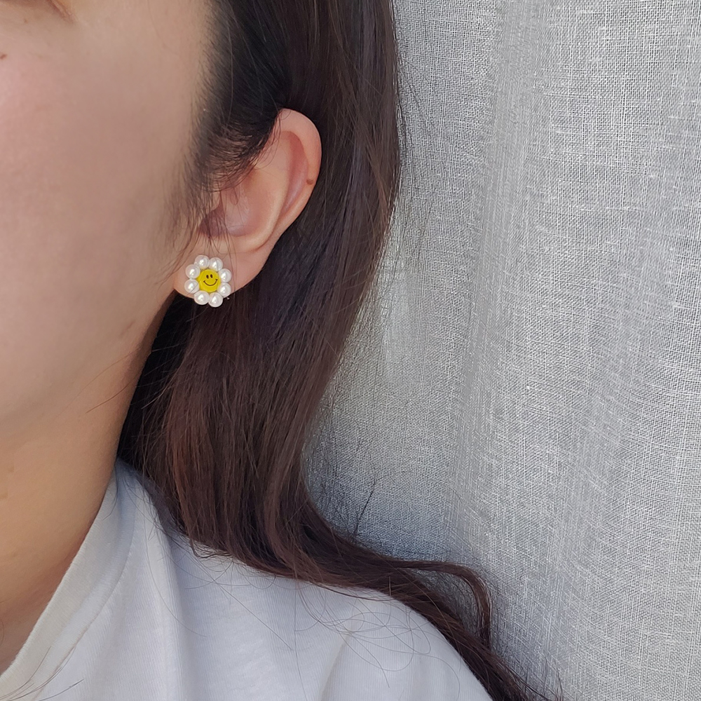 스마일 해바라기 진주 은침 비즈 계란꽃 인스타 귀걸이 셋트 이미지 6