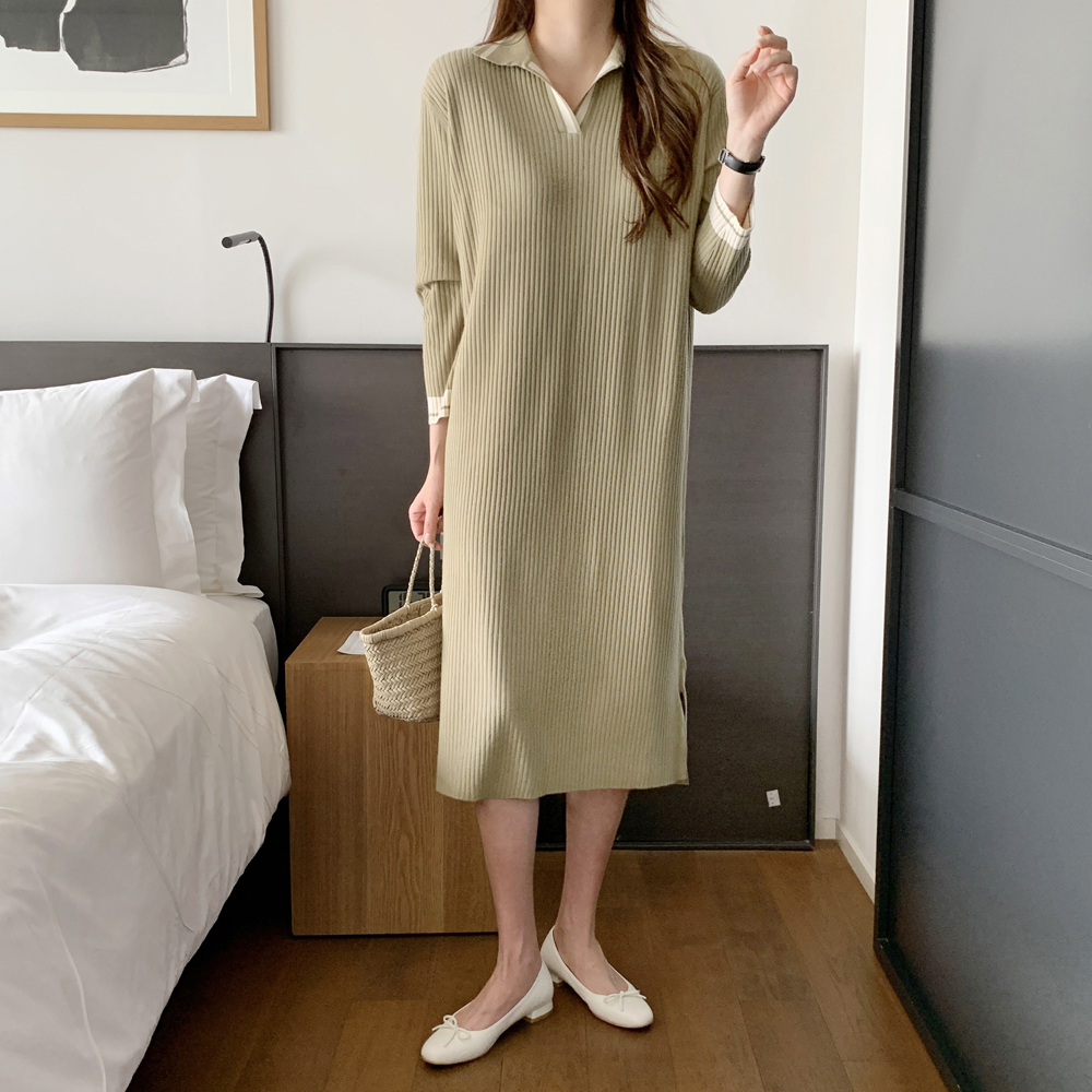 루즈핏 배색 카라 원피스 골지 니트 롱 원피스 H라인 여자 가을 원피스 베이지 블랙