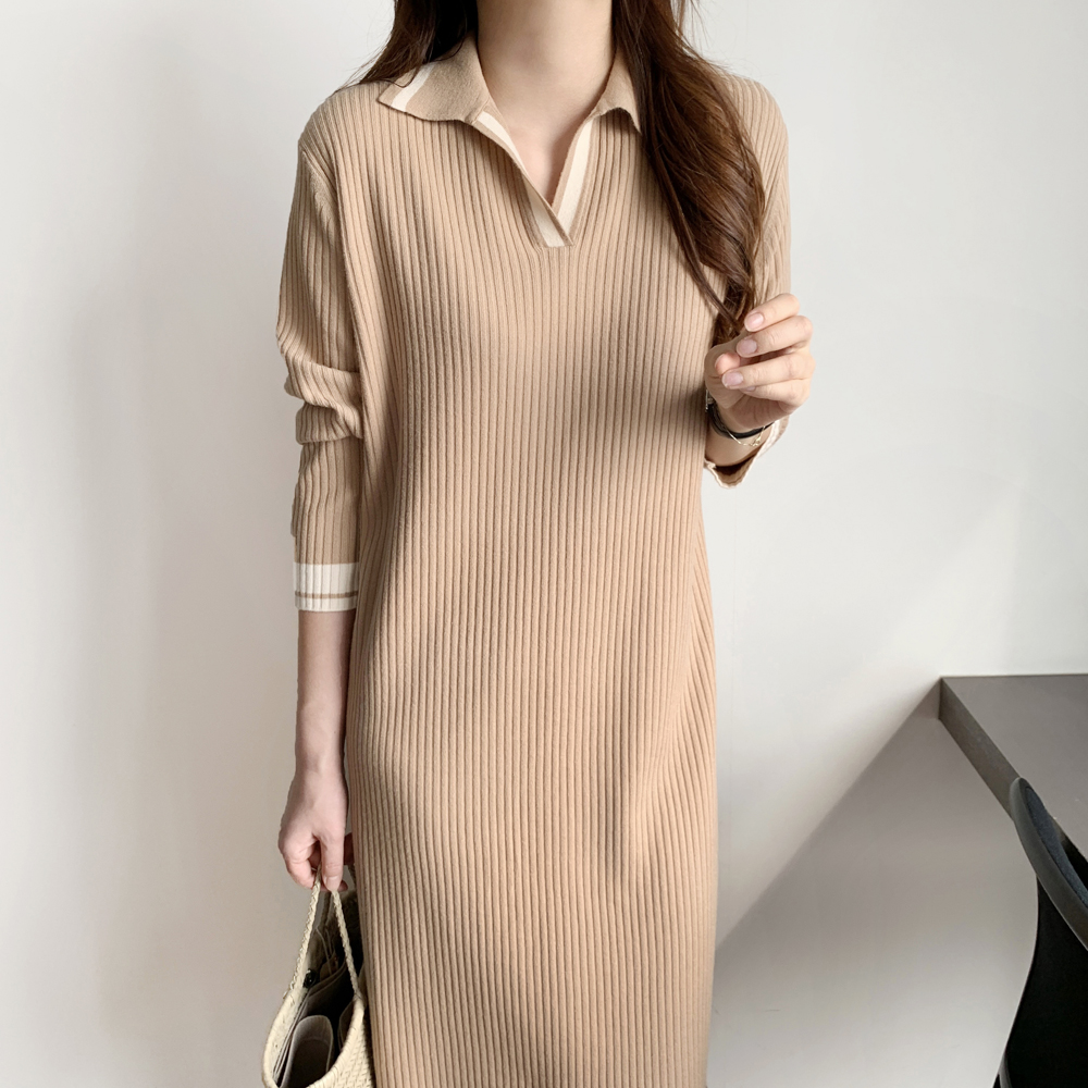 루즈핏 배색 카라 원피스 골지 니트 롱 원피스 H라인 여자 가을 원피스 베이지 블랙