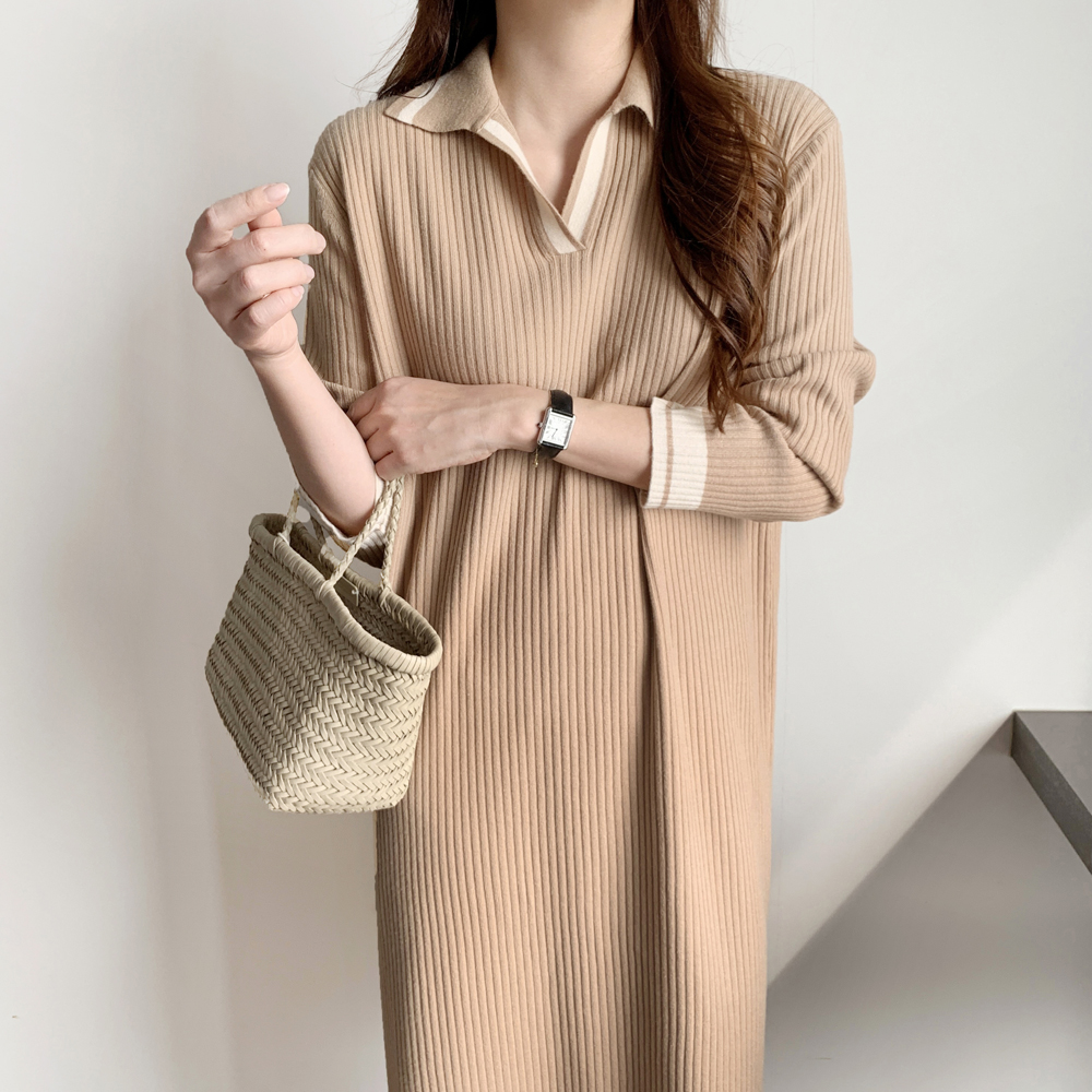루즈핏 배색 카라 원피스 골지 니트 롱 원피스 H라인 여자 가을 원피스 베이지 블랙