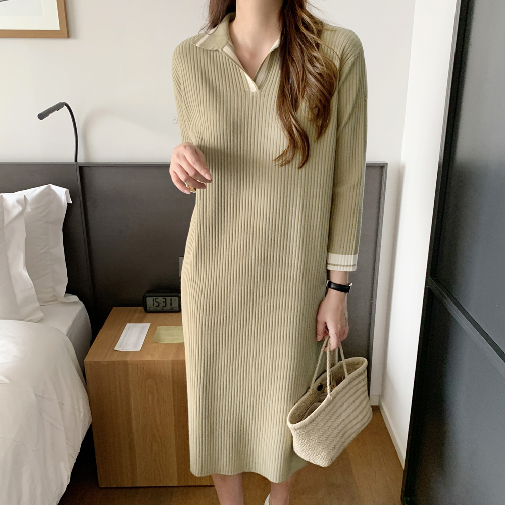 루즈핏 배색 카라 원피스 골지 니트 롱 원피스 H라인 여자 가을 원피스 베이지 블랙