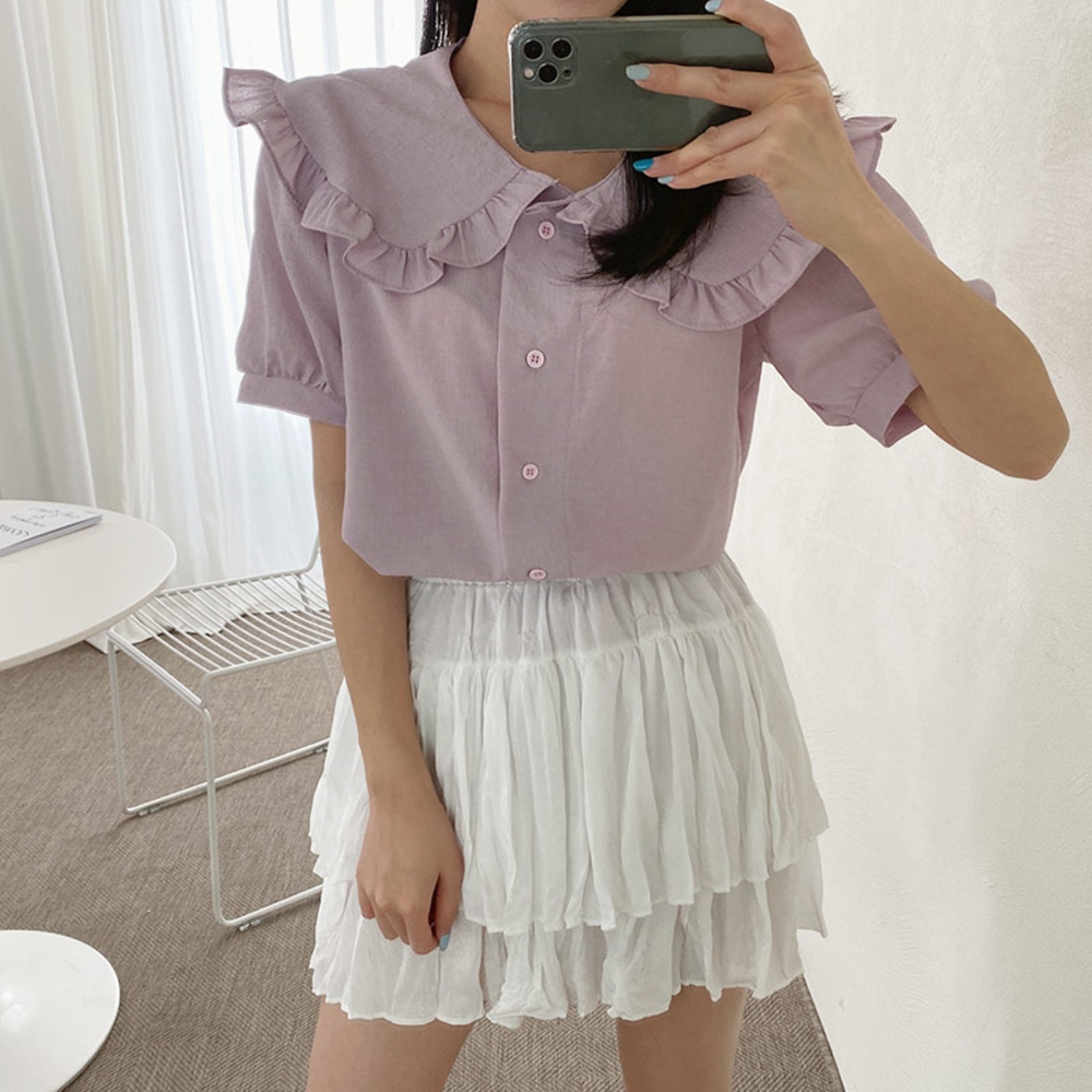 퍼프소매블라우스 둥근카라 프릴 셔링 셔츠 블라우스 정장 하객 이미지 6