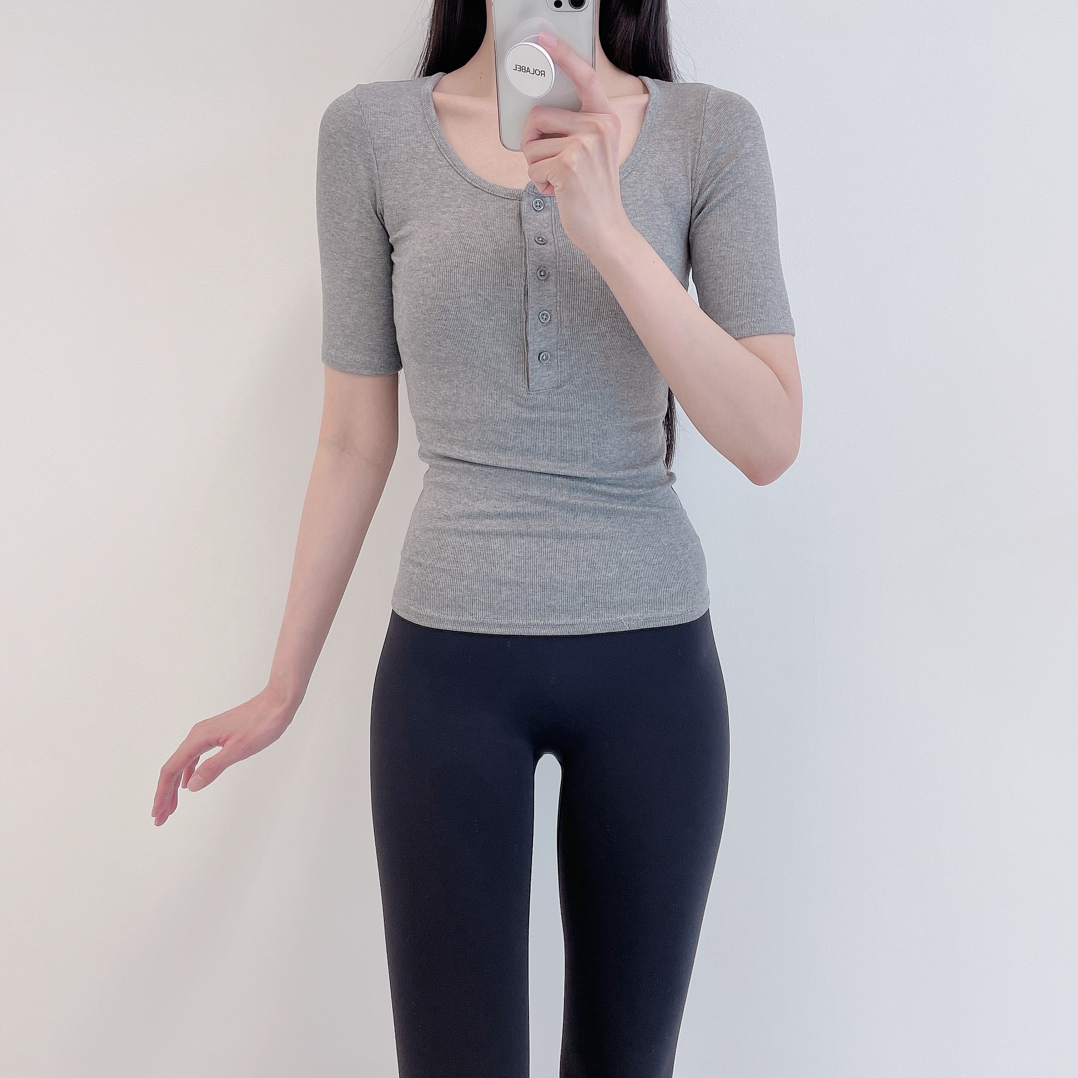 로라벨 로우 필라테스복 요가복 필라테스 상의 옷 커버업 운동복 탑 요가 반팔 슬림 복장 - 상세 이미지 3