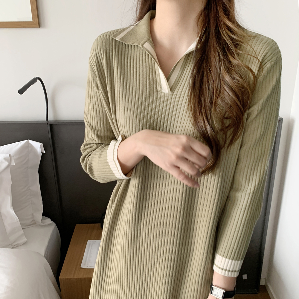 루즈핏 배색 카라 원피스 골지 니트 롱 원피스 H라인 여자 가을 원피스 베이지 블랙