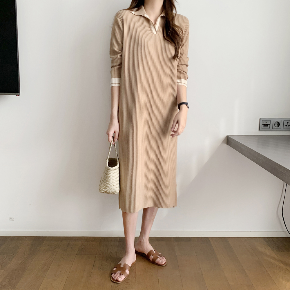 루즈핏 배색 카라 원피스 골지 니트 롱 원피스 H라인 여자 가을 원피스 베이지 블랙