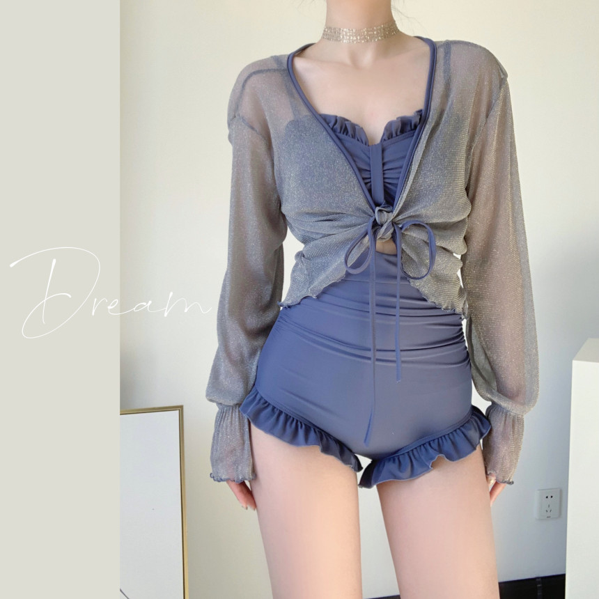 [M-2XL/빅사이즈] 쟈스민 모노키니 수영복 체형커버 긴팔 셔링 시스루 프릴 래쉬가드 + 커버업 2피스 세트 상세 이미지 4