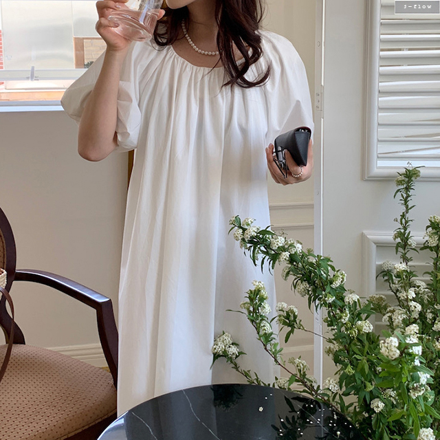 런치 U넥 뒷매듭 오버핏 맥시 코튼 롱원피스 2co 여름 봄 루즈핏 바스락 퍼프 제이플로우 이미지 7