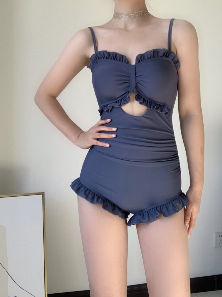 [M-2XL/빅사이즈] 쟈스민 모노키니 수영복 체형커버 긴팔 셔링 시스루 프릴 래쉬가드 + 커버업 2피스 세트 상세 이미지 7