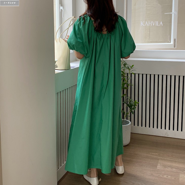 런치 U넥 뒷매듭 오버핏 맥시 코튼 롱원피스 2co 여름 봄 루즈핏 바스락 퍼프 제이플로우 - 상세 이미지 2