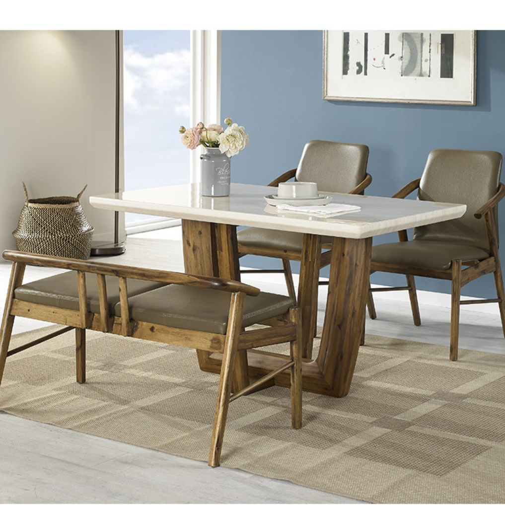 원목 엔틱 4인용 식탁 세트 대리석 벤치 의자 1300