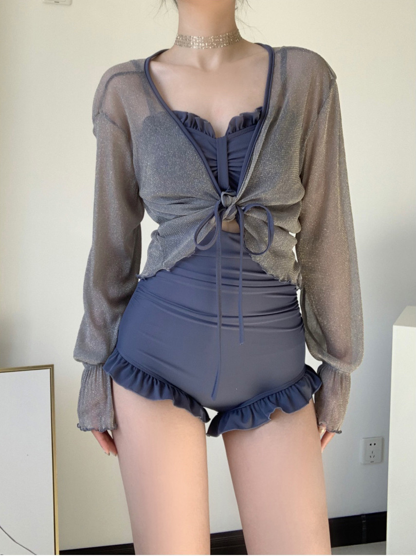 [M-2XL/빅사이즈] 쟈스민 모노키니 수영복 체형커버 긴팔 셔링 시스루 프릴 래쉬가드 + 커버업 2피스 세트 상세 이미지 5
