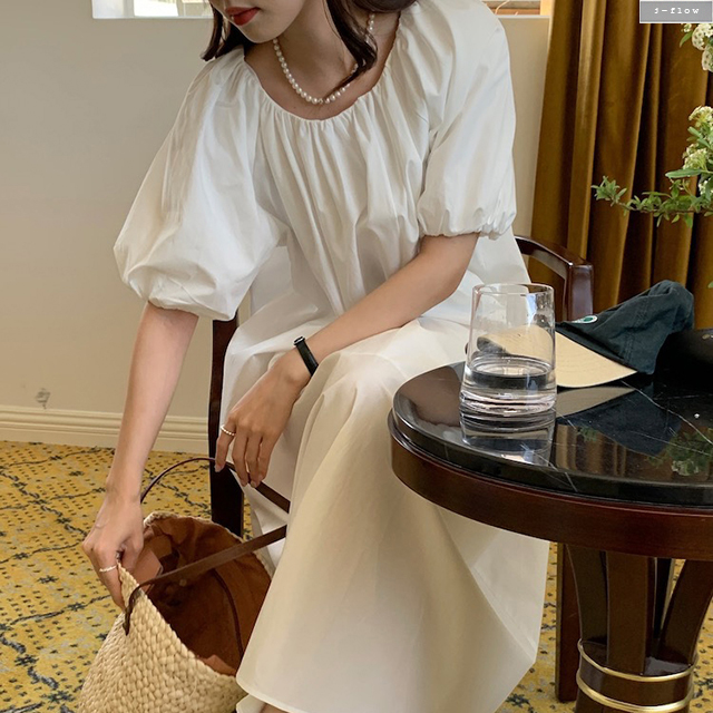 런치 U넥 뒷매듭 오버핏 맥시 코튼 롱원피스 2co 여름 봄 루즈핏 바스락 퍼프 제이플로우 - 상세 이미지 5