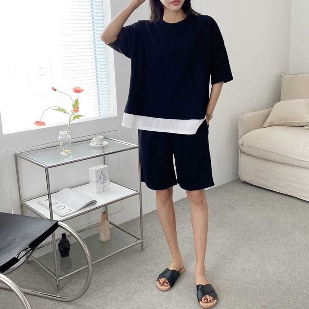 여름 무지 빅사이즈 레이어드 반팔 티셔츠 5부 반바지 트레이닝 운동복 데일리 홈웨어 세트 - 상세 이미지 3