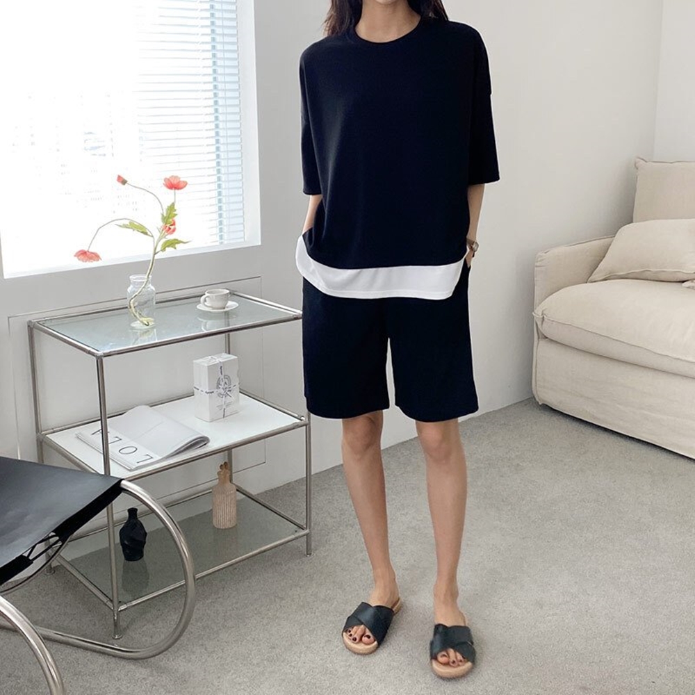 여름 무지 빅사이즈 레이어드 반팔 티셔츠 5부 반바지 트레이닝 운동복 데일리 홈웨어 세트 - 상세 이미지 2
