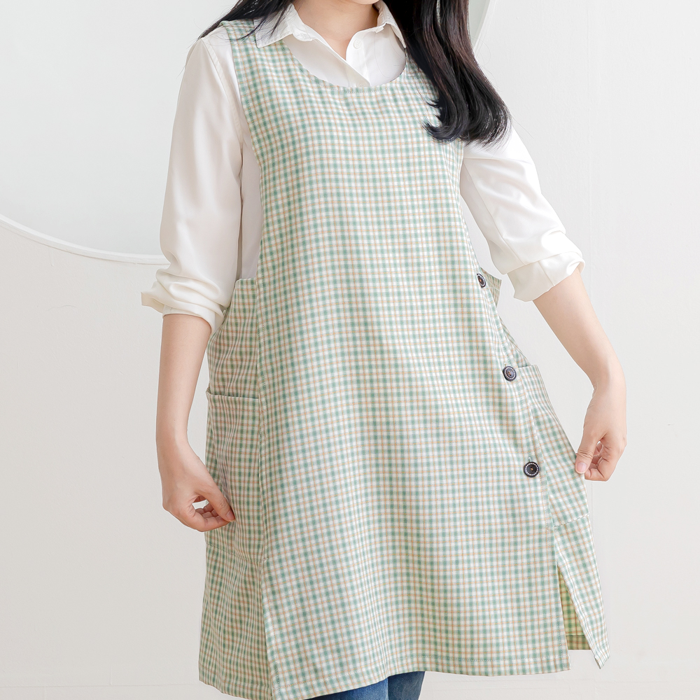 데코에버 찰랑 로맨틱체크 어린이집 선생님 앞치마 롱사이즈 원피스앞치마 옆주머니 요양보호사