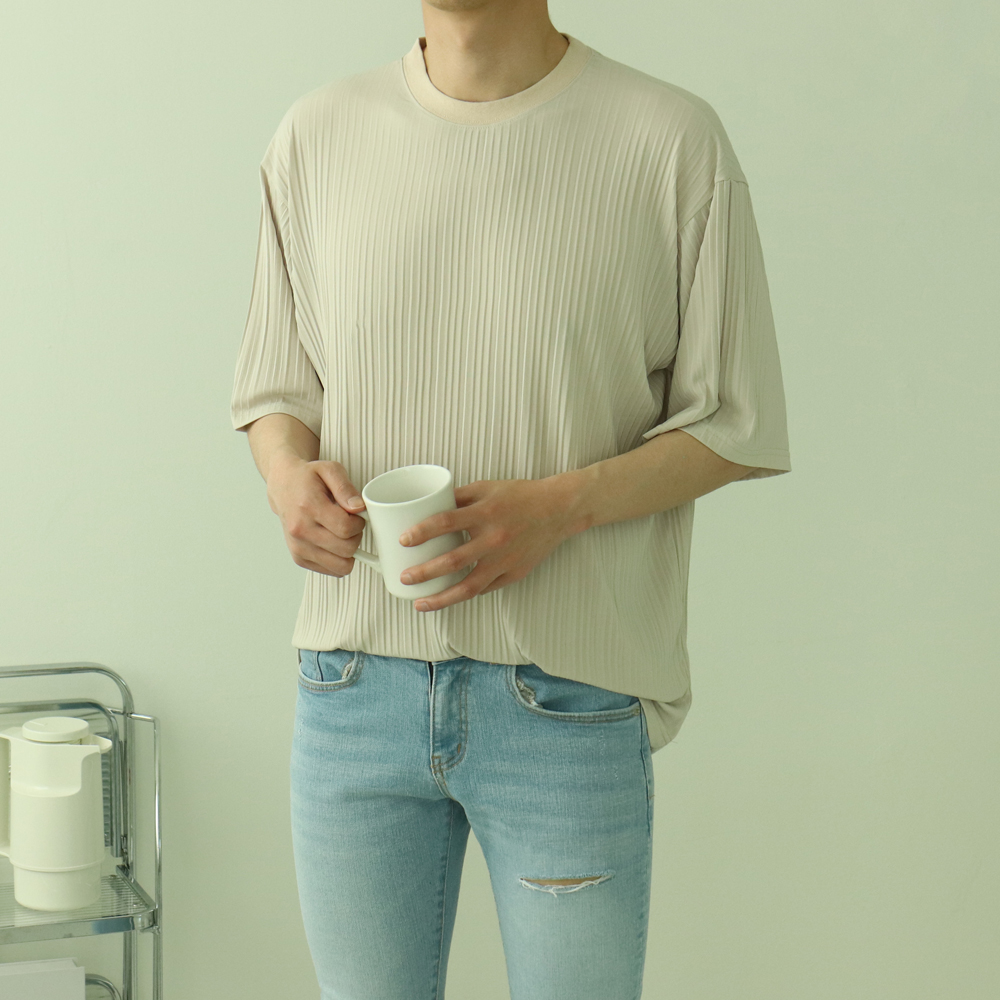 남자반팔티 오버핏 실켓 플리츠 반팔티 제품 이미지