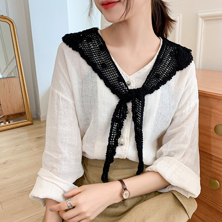 여성 펀칭 케이프 스카프 꽃 뜨게 레이스 자수 - 상세 이미지 3