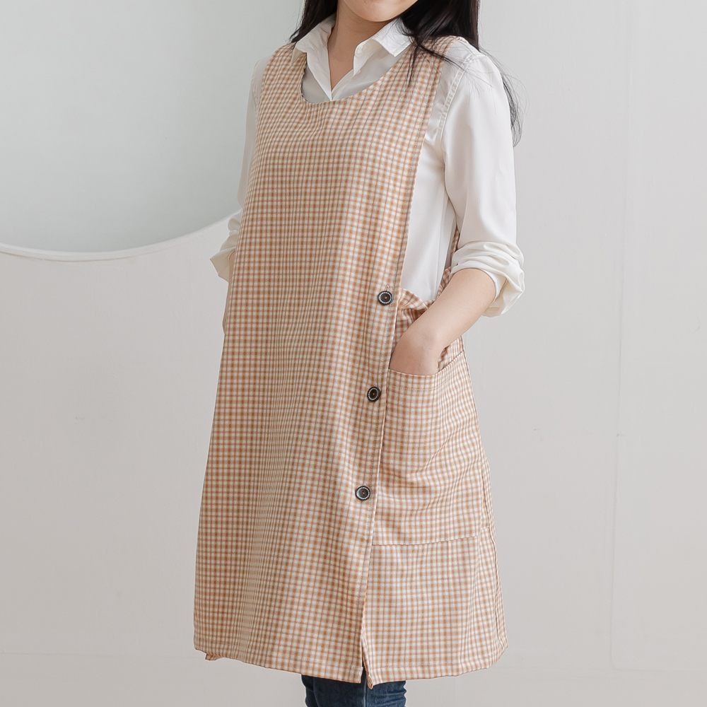 데코에버 찰랑 로맨틱체크 어린이집 선생님 앞치마 롱사이즈 원피스앞치마 옆주머니 요양보호사