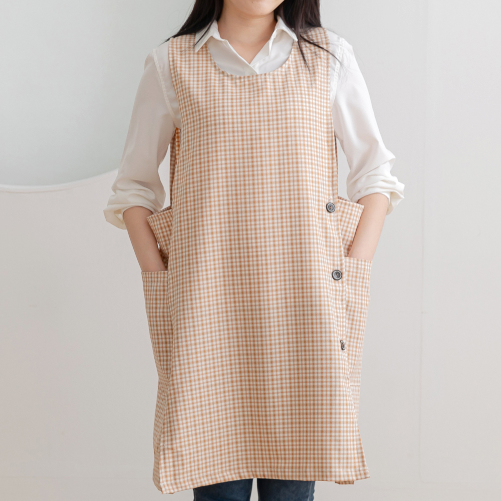 데코에버 찰랑 로맨틱체크 어린이집 선생님 앞치마 롱사이즈 원피스앞치마 옆주머니 요양보호사