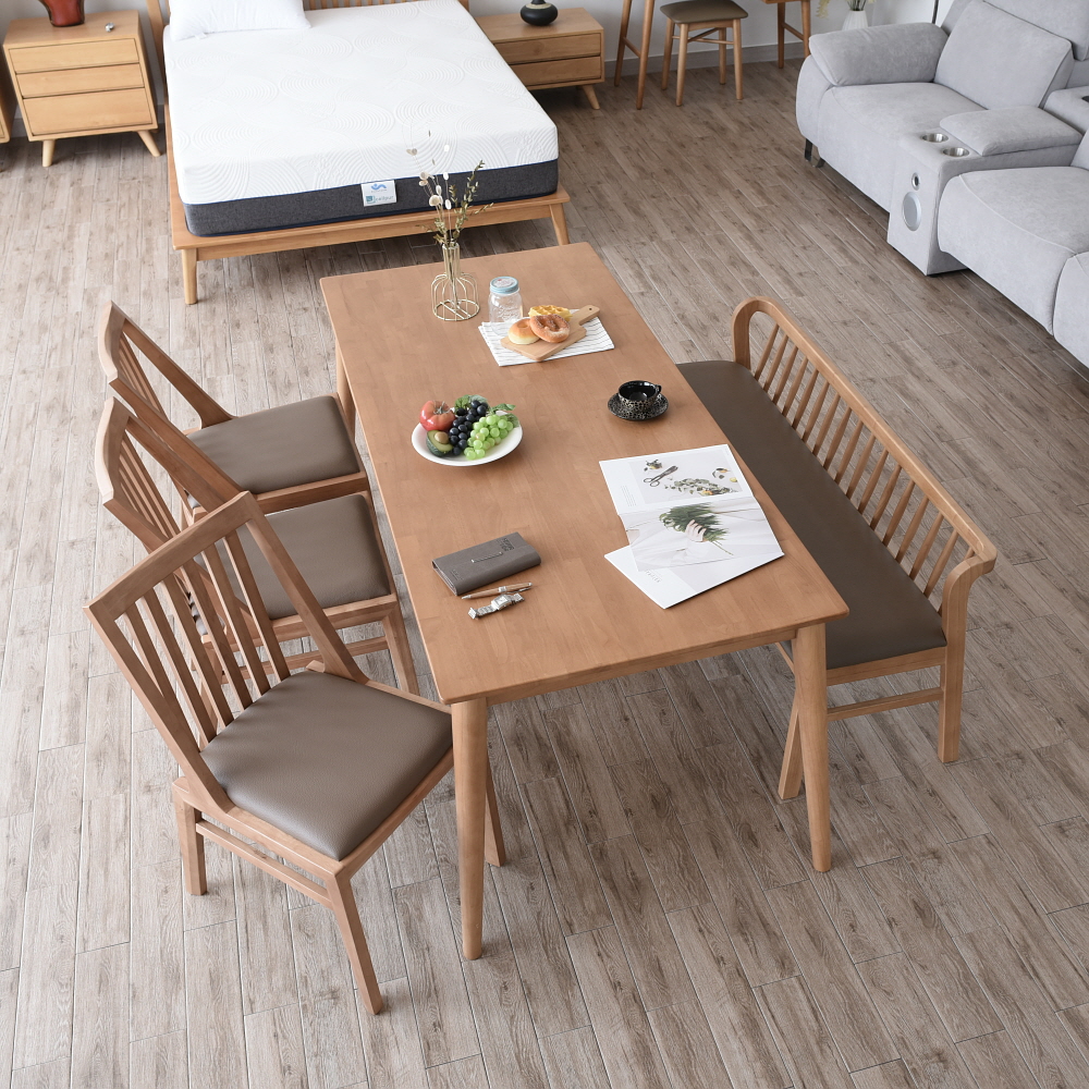 이즈네이처 라벤더프리지 원목 6인용식탁 세트 식탁+의자3+등받이 3인벤치1, 1800mm, 라이트브라운