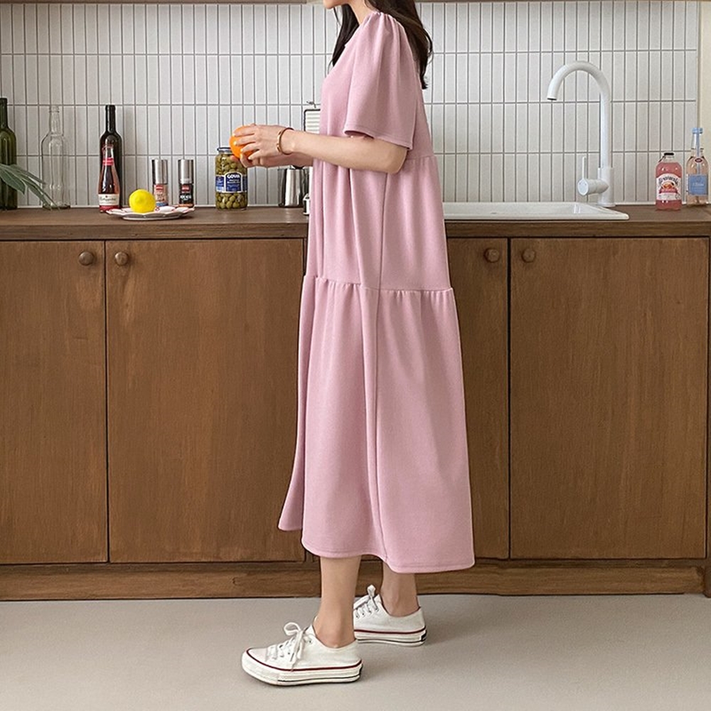 여성 여름 셔링 퍼프 날개 소매 A라인 캉캉 반팔 롱 원피스 데일리 - 상세 이미지 5