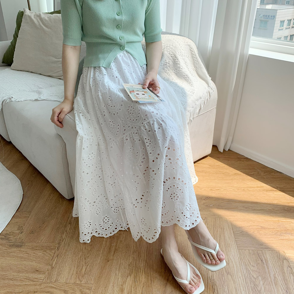 펀칭 레이스 스커트 캉캉 밴딩 자수 A라인 여름 롱스커트 휴양지 화이트 흰 치마 이미지 2