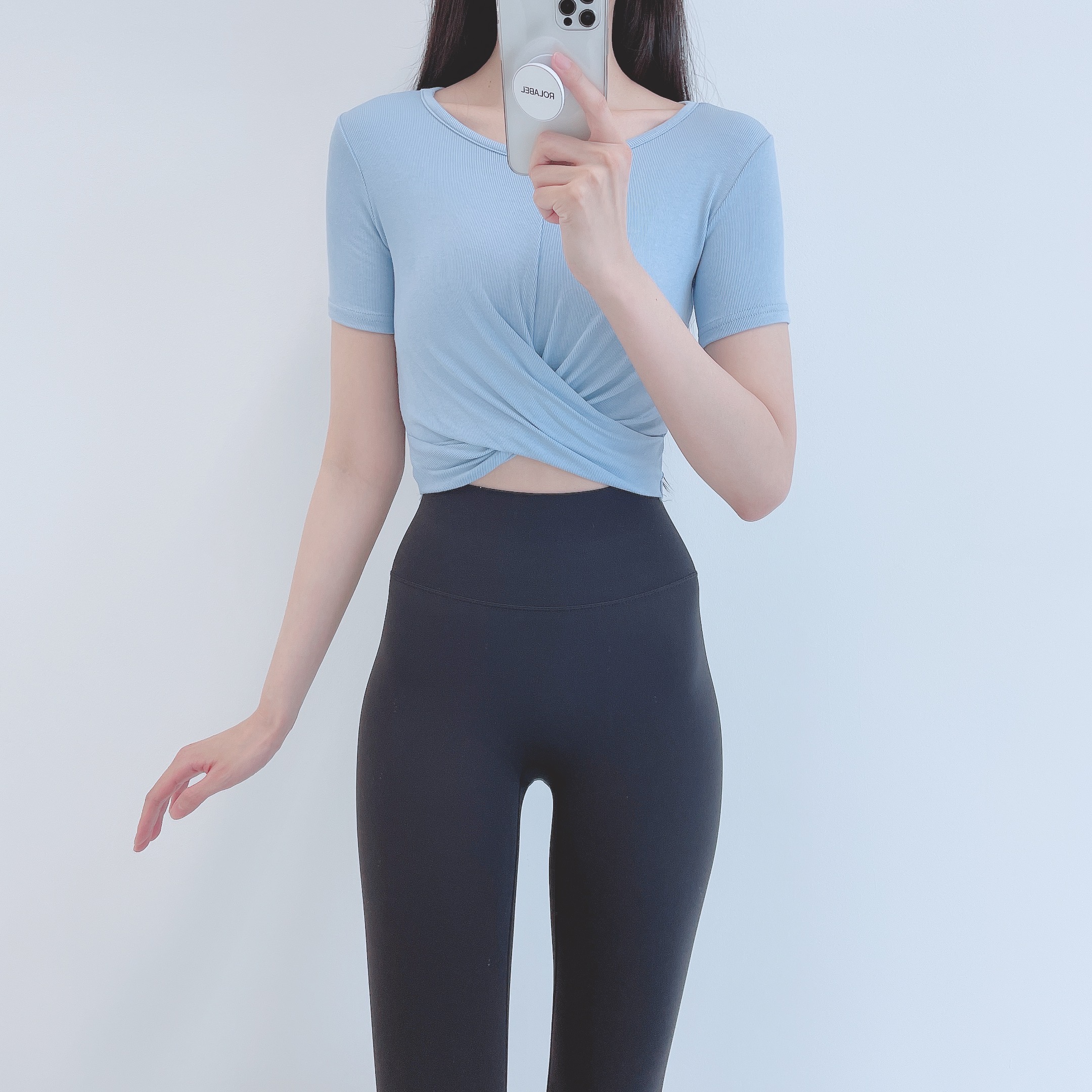 로라벨 차트 필라테스복 요가복 필라테스 상의 옷 커버업 운동복 탑 요가 크롭 반팔 복장 - 상세 이미지 2