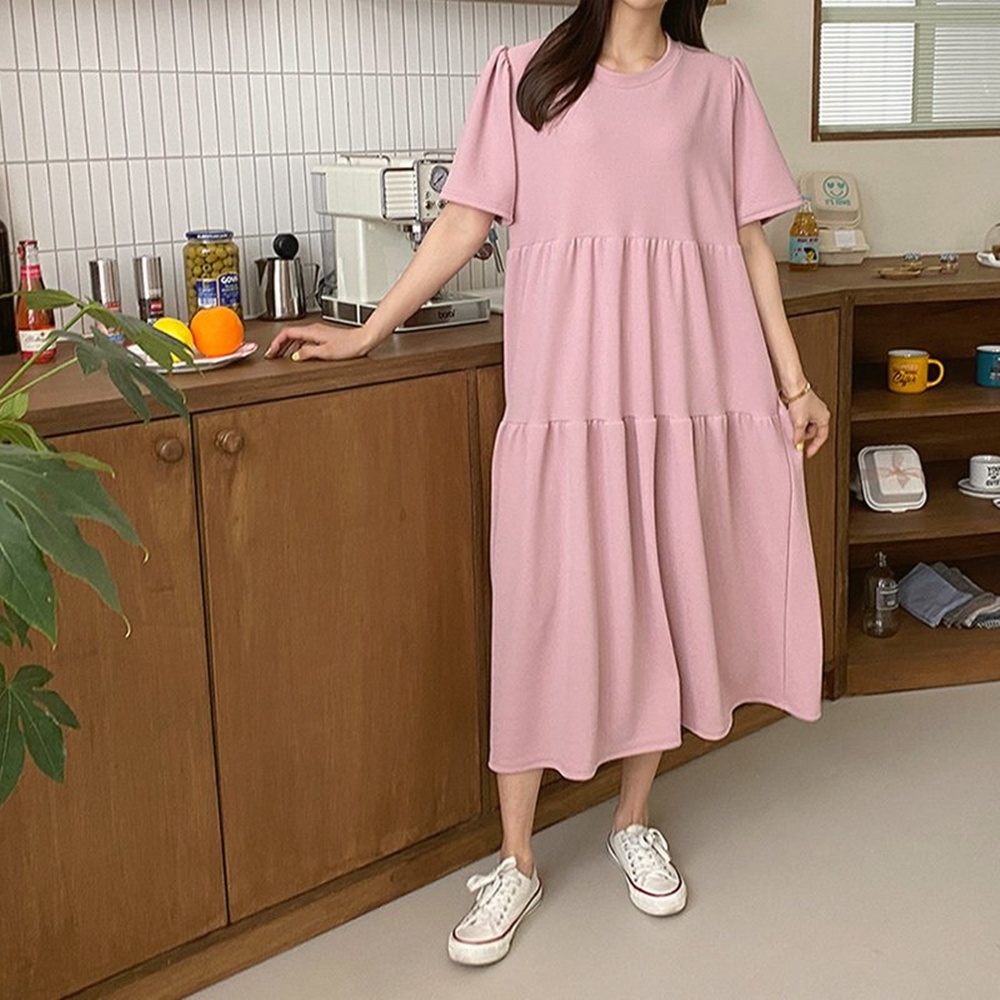 여성 여름 셔링 퍼프 날개 소매 A라인 캉캉 반팔 롱 원피스 데일리 - 상세 이미지 4