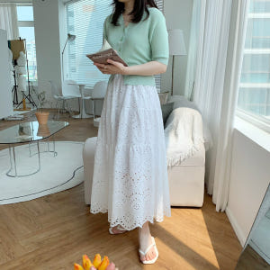 펀칭 레이스 스커트 캉캉 밴딩 자수 A라인 여름 롱스커트 휴양지 화이트 ... 착용 후기 | 사이즈/핏 총정리 - 상품 이미지 3