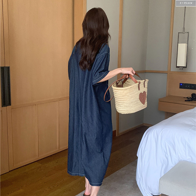 브레인 스티치 데님 카라 루즈핏 롱원피스 (진청) 가을 여름 맥시 셔츠 오버핏 제이플로우 이미지 3