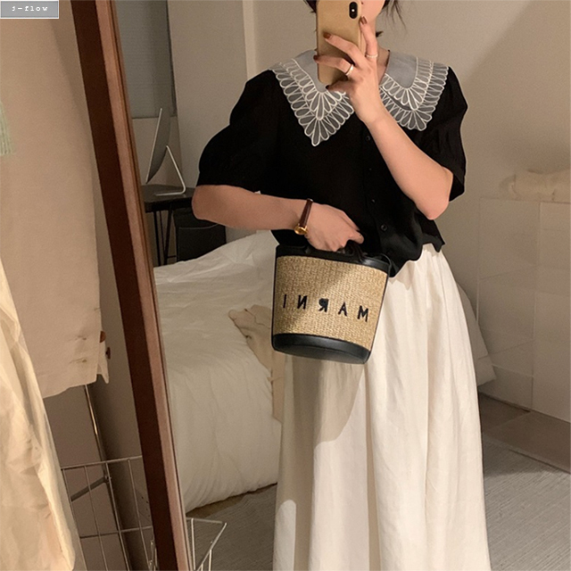 스타 꽃잎 카라 루즈핏 퍼프 쉬폰 블라우스 4col 여름 봄 배색 브이넥 하객 제이플로우 - 상세 이미지 4