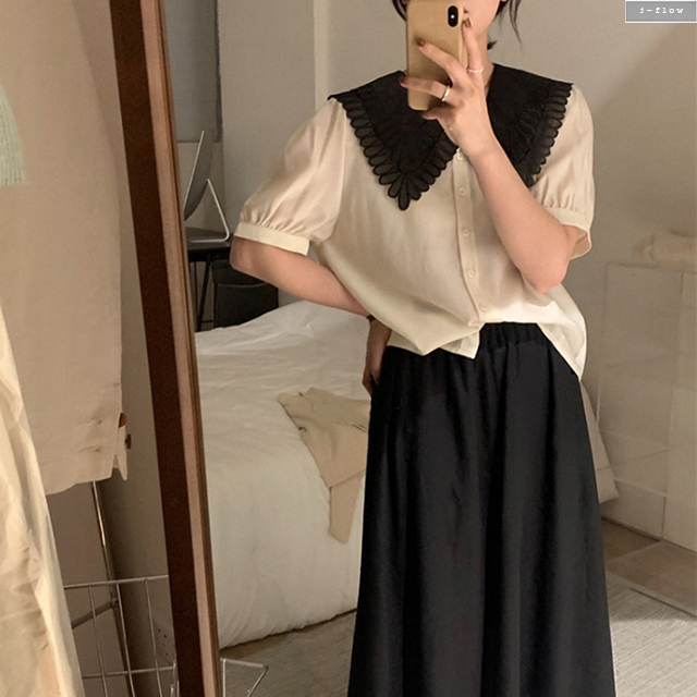 스타 꽃잎 카라 루즈핏 퍼프 쉬폰 블라우스 4col 여름 봄 배색 브이넥 하객 제이플로우 - 상품 이미지