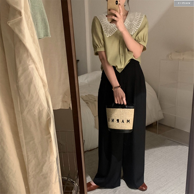 스타 꽃잎 카라 루즈핏 퍼프 쉬폰 블라우스 4col 여름 봄 배색 브이넥 하객 제이플로우 이미지 7