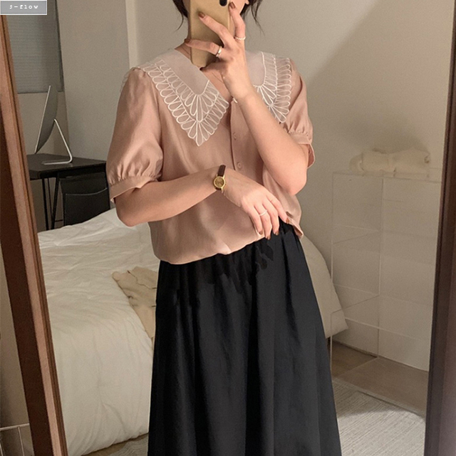 스타 꽃잎 카라 루즈핏 퍼프 쉬폰 블라우스 4col 여름 봄 배색 브이넥 하객 제이플로우 이미지 6