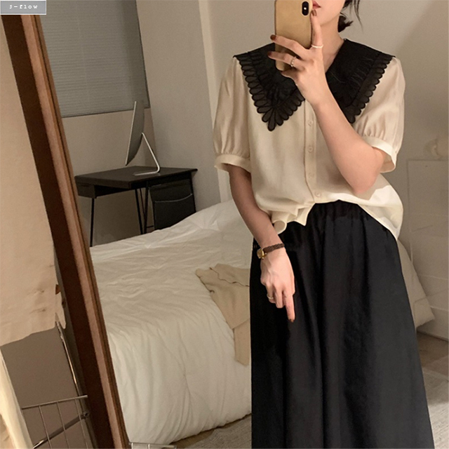 스타 꽃잎 카라 루즈핏 퍼프 쉬폰 블라우스 4col 여름 봄 배색 브이넥 하객 제이플로우 이미지 8